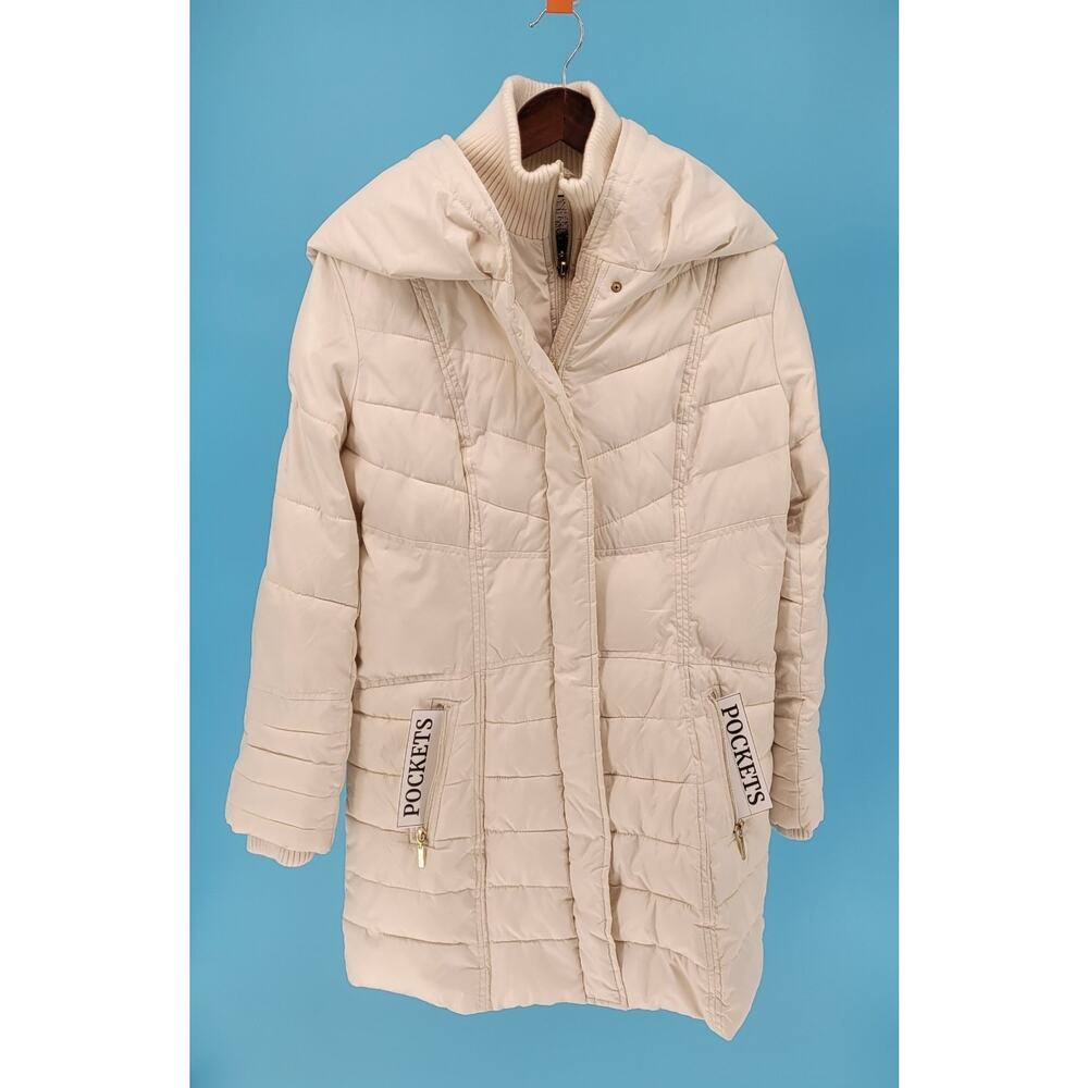 Kensie Outerwear Beige Long Puffer Coat W/ Oversized Hood Chic Size M No Belt - Picture 2 of 9